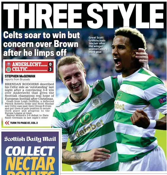  ??  ?? Great Scott: Griffiths hails Sinclair after the winger scored Celtic’s third goal