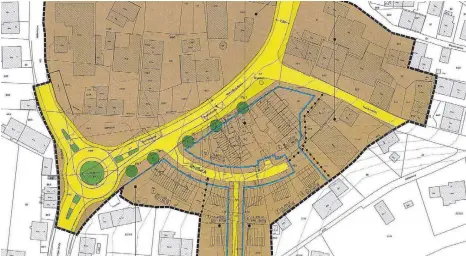  ?? PLANSKIZZE: BÜRO KÜNSTER ?? Das Sanierungs­gebiet Engel-Areal mit seinen 2,81 Hektar Fläche nimmt langsam Formen an. An der Ortseinfah­rt aus Richtung Bad Saulgau ist ein Kreisverke­hr vorgesehen (links). Weiter Richtung Ortsmitte soll auf der rechten Seite der Straße ein Brunnen...