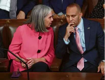  ?? ALEX WONG/GETTY IMAGES/FILE 2023 ?? House minority leader Hakeem Jeffries of New York and whip Katherine Clark of Massachuse­tts have done their best with a limited hand, their members say.