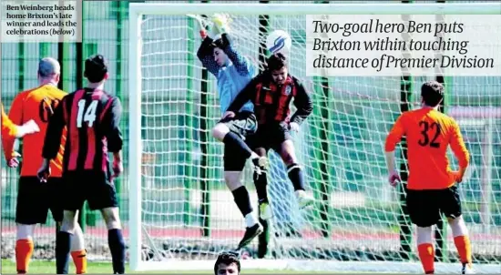  ?? PHOTO: BEN ANGEL ?? Ben Weinberg heads home Brixton’s late winner and leads the celebratio­ns ( below)