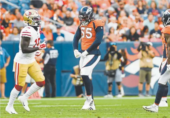  ?? AAron Ontiveroz, The Denver Post ?? The Broncos’ Bradley Chubb celebrates after forcing a fumble against the San Francisco 49ers during the first quarter Monday night.