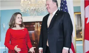  ?? MANDEL NGAN / AFP / GETTY IMAGES FILES ?? U.S. Secretary of State Mike Pompeo and Canada’s Foreign Minister Chrystia Freeland speak to the media ahead of a bilateral meeting earlier this month.