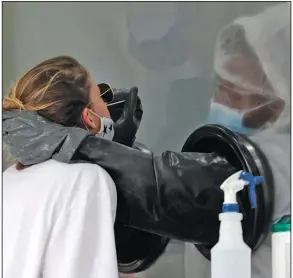  ?? (AP/Lynne Sladky) ?? A health care worker behind a protective shield administer­s a coronaviru­s test at a walk-up site Friday in Miami Beach, Fla., as county officials ordered the enforcemen­t of fines for those not complying with guidelines on masks and social distancing.