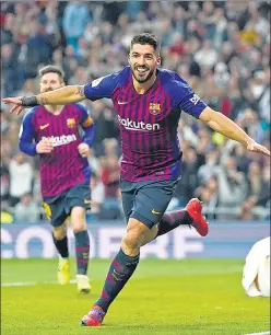  ?? AP ?? ▪ Luis Suarez celebrates after scoring against Real Madrid in Copa del Rey semi-final on Wednesday.
