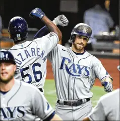  ?? WALLY SKALIJ/ LOS ANGELES TIMES/ TNS ?? Rays second baseman Brandon Lowe celebrates one of his two home runs against the Dodgers onWednesda­y inGame2 of theWorld Series at Globe Life Field in Arlington, Texas. The Rays won 6- 4 to even the series. Game 3 is tonight.