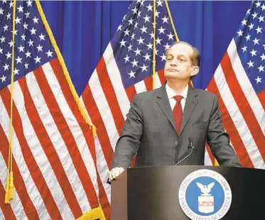  ?? ALEX BRANDON/AP ?? Labor Secretary Alex Acosta defends his handling of the 2008 case during a news conference Wednesday in Washington.