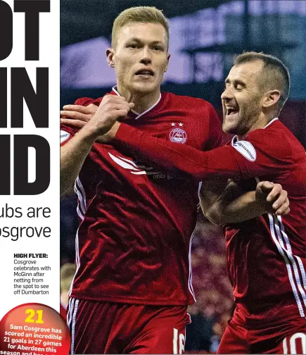  ??  ?? HIGH FLYER: Cosgrove celebrates with McGinn after netting from the spot to see off Dumbarton