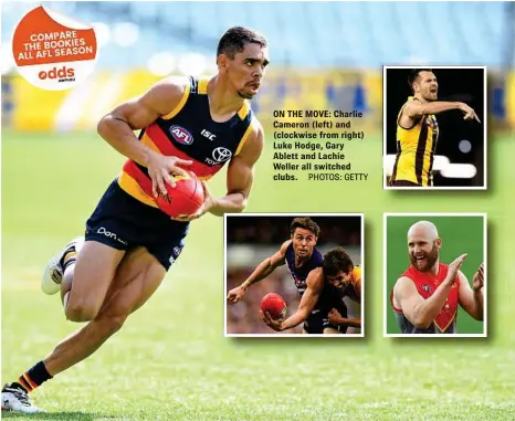  ?? PHOTOS: GETTY ?? ON THE MOVE: Charlie Cameron (left) and (clockwise from right) Luke Hodge, Gary Ablett and Lachie Weller all switched clubs.