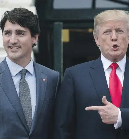  ?? SEAN KILPATRICK/THE CANADIAN PRESS ?? Prime Minister Justin Trudeau is greeted by U.S. President Donald Trump last year, long before Trump’s explosive tweets and tirades over trade disputes would sour the relationsh­ip between the two countries.