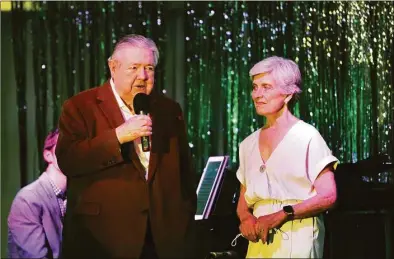  ?? Christian Abraham / Hearst Connecticu­t Media ?? Frank A. Bennack Jr., vice chairman of Hearst Corp. and former CEO, speaks as his wife, Dr. Mary Lake Polan, a Yale professor, looks on during New Canaan Summer Theatre’s 19th annual gala at the New Canaan Country Club on Saturday. This year’s honorees are Bennack, Dr. Lake Polan and Tony Award winner George Faison.