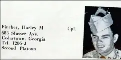  ?? Contribute­d by Jayne sinclair ?? Cedartown’s Harley M. Fincher Sr. is shown with his informatio­n in an old directory from his time in the U.S. Army.