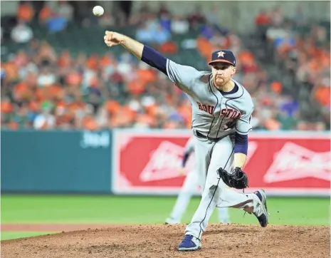  ?? EVAN HABEEB, USA TODAY SPORTS ?? Collin McHugh’s much-anticipate­d season debut gave the Astros little comfort Saturday, as he allowed four runs in 42⁄ innings.