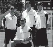  ?? MARK HUMPHREY ENTERPRISE-LEADER ?? Prairie Grove’s varsity football staff head coach Danny Abshier (kneeling), and (from left): Craig Laird, defensive coordinato­r; John Elder, offensive coordinato­r; and Max Washausen, assistant coach.