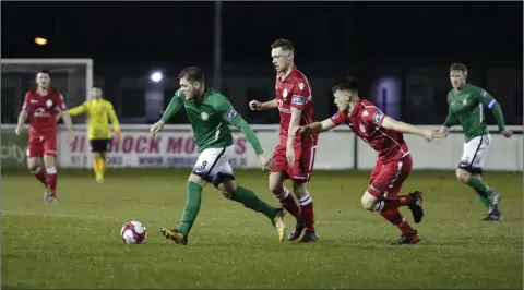  ??  ?? Ger Pender on the ball for Bray Wanderers in the EA Sports Cup tie against Shelbourne.