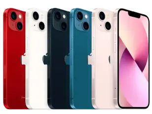  ?? ?? The various colours of the iPhone 13 and 13 Mini. From left to right: PRODUCT(RED), Starlight, Midnight, Blue, and Pink.