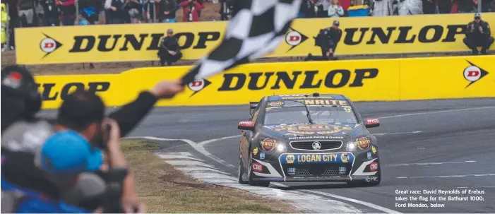  ??  ?? Great race: David Reynolds of Erebus takes the flag for the Bathurst 1000; Ford Mondeo, below