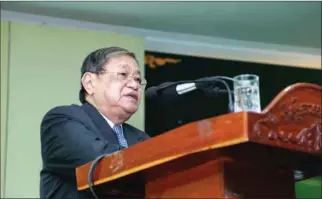  ?? HONG MENEA ?? Informatio­n Minister Khieu Kanharith speaks in Phnom Penh at the ministry’s annual meeting in March. Kanharith has asked all provinces to produce 20-to-30-minute propaganda videos on their ‘achievemen­ts’ before the election.
