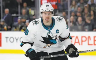  ?? John Locher / Associated Press ?? Logan Couture is following Joe Pavelski and Joe Thornton as Sharks captain, and is displaying a more publicly vocal style, as demonstrat­ed after an overtime loss to Buffalo this week.