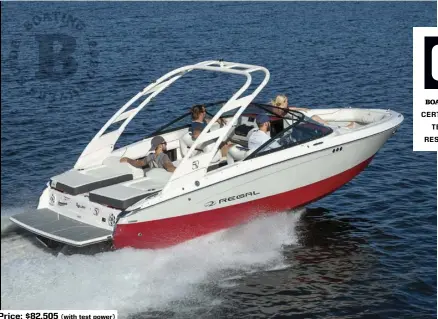  ??  ?? Price: $82,505 (with test power)
SPECS: LOA: 22'4" BEAM: 8'6" DRAFT (MAX): 2'10" DRY WEIGHT: 3,900 lb. SEAT/WEIGHT CAPACITY: 12/1,640 lb. FUEL CAPACITY: 56 gal.
HOW WE TESTED: ENGINE: Volvo Penta 300 EVC FWD DRIVE/PROP: Forward Drive/Volvo Penta K4 Propset GEAR RATIO: 2.32:1 FUEL LOAD: 14 gal. CREW WEIGHT: 365 lb.