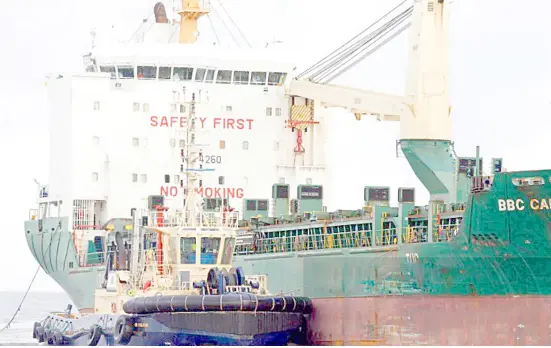  ?? TREVOR COLLENS/AGENCE FRANCE-PRESSE ?? THE Antiguan-registered cargo ship BBC California — carrying crew members suspected of being infected with Covid-19.