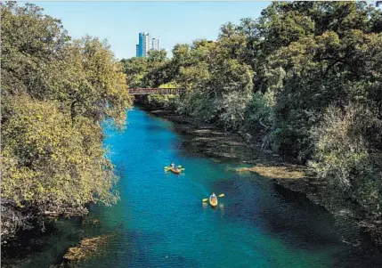  ?? AUSTIN CONVENTION & VISITORS BUREAU ?? Kayakers paddle in Austin’s Lady Bird Lake, where there’s also a trail that’s popular for land-based fitness pursuits.