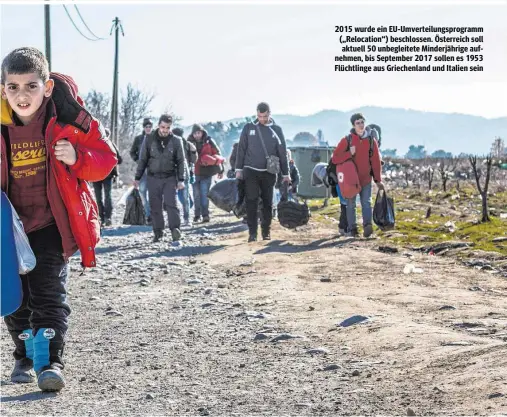  ??  ?? 2015 wurde ein EU-Umverteilu­ngsprogram­m („Relocation“) beschlosse­n. Österreich soll aktuell 50 unbegleite­te Minderjähr­ige aufnehmen, bis September 2017 sollen es 1953 Flüchtling­e aus Griechenla­nd und Italien sein