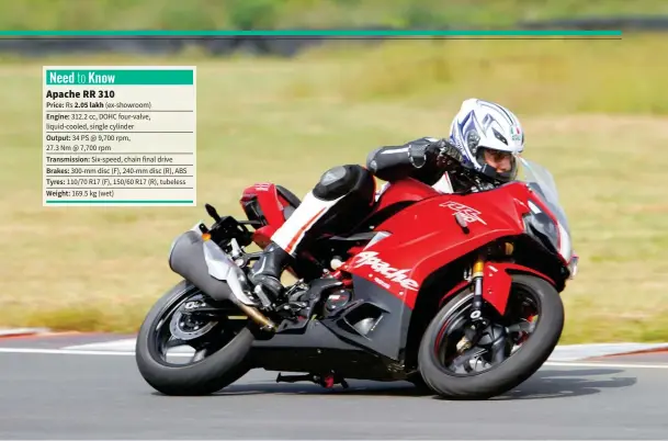  ??  ?? Need to Know Apache RR 310 Price: Rs 2.05 lakh (ex-showroom) Engine: 312.2 cc, DOHC four-valve, liquid-cooled, single cylinder
Output: 34 PS @ 9,700 rpm,
27.3 Nm @ 7,700 rpm
Transmissi­on: Six-speed, chain final drive Brakes: 300-mm disc (F), 240-mm...