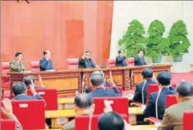  ?? REUTERS ?? Kim Jong Un speaks during the second plenum of the central committee of the Workers' Party of Korea at the Kumsusan Palace of the Sun, Pyongyang, in a photo released on Sunday.