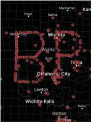  ?? SPOTTER NETWORK VIA AP ?? This image provided by Spotter Network shows GPS coordinate­s of storm chasers on a map in Texas, Oklahoma, and Kansas, Sunday. Nearly 200 storm chasers are paying tribute to the late actor Bill Paxton by spelling out his initials using GPS coordinate­s...