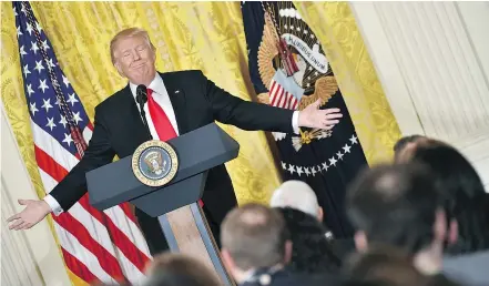  ?? — GETTY IMAGES ?? U.S. President Donald Trump motions during a news conference on Thursday at the White House, held to announce Alexander Acosta as his new nominee to head the labour department.