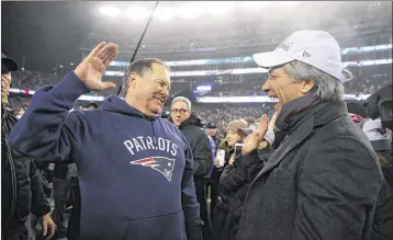  ?? PATRICK SMITH / GETTY IMAGES ?? Bill Belichick (receiving congratula­tions from singer Jon Bon Jovi after Sunday’s victory over the Steelers) will be coaching in his seventh Super Bowl with a chance for his fifth championsh­ip.