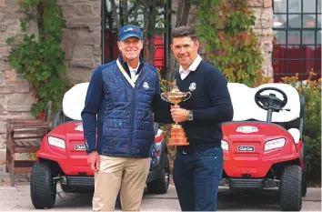  ?? AFP ?? US Ryder Cup captain Steve Stricker (left) greets European Ryder Cup captain Padraig Harrington prior to the start of the Ryder Cup at Whistling Straits on Tuesday.