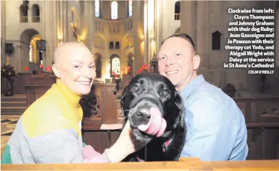  ?? COLM O’REILLY ?? Clockwise from left:Clayre Thompson and Johnny Graham with their dog Ruby; Jean Gascoigne and Jo Pawson with their therapy cat Yoda, and Abigail Wright with Daisy at the service in St Anne’s Cathedral