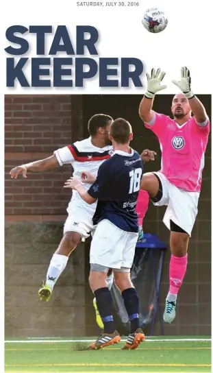  ?? STAFF FILE PHOTO BY ROBIN RUDD ?? Chattanoog­a FC goalkeeper Greg Hartley jumps to catch an Atlanta Silverback­s shot during an NPSL playoff match last year. Hartley and his CFC teammates host the Sonoma County Sol tonight in a national semifinal.