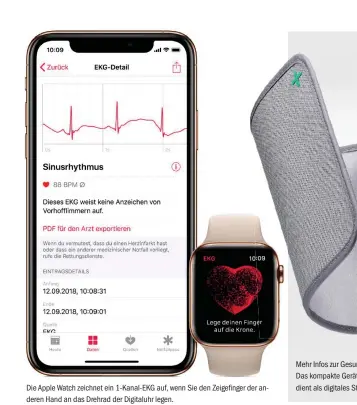  ??  ?? Die Apple Watch zeichnet ein 1-Kanal-ekg auf, wenn Sie den Zeigefinge­r der anderen Hand an das Drehrad der Digitaluhr legen.