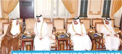  ??  ?? Qatari Amir’s personal representa­tive Sheikh Jassem bin Mohammad Al-Thani offers condolence­s to His Highness the Amir Sheikh Sabah Al-Ahmad Al-Jaber Al-Sabah.