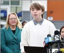  ?? ?? Freya Ryan-jensen, a seventh grader at Summit Denali, speaks at the news conference.