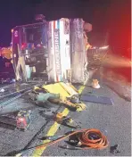  ?? SOURCE: RIO RANCHO FIRE RESCUE ?? A bus lies on its side after a multivehic­le deadly crash Sunday on Interstate 25 just north of Bernalillo.