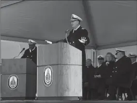  ?? PAUL W. GILLESPIE/CAPITAL GAZETTE/BALTIMORE SUN FILE PHOTOGRAPH ?? Naval Academy Superinten­dent Vice Admiral Walter E. Carter Jr. gives remarks in 2018 at the commission­ing of the Navy’s newest Littoral Combat Ship, the U.S.S. Sioux City. Carter testified before a Congressio­nal subcommitt­ee Wednesday about sexual assaults in military academies.