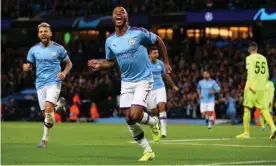  ??  ?? Raheem Sterling celebrates after scoring for Manchester City against Dinamo Zagreb this season. Photograph: Alex Livesey - Danehouse/Getty Images