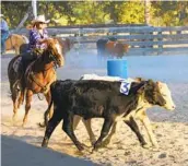  ?? CY LOW ?? Laura Mecoy displays more exuberance than skill as she drives two cows in a test of her herding skills during the V6 Ranch’s Cowboy Academy.