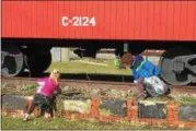  ?? ANDREW CASS — THE NEWS-HERALD ?? Kids search near the caboose at the Painesvill­e Railroad Museum for Easter eggs.