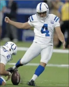  ?? THE ASSOCIATED PRESS FILE ?? Here he is, the oldest old guy in the NFL. Longtime Patriots and Colts kicker Adam Vinatieri, shown kicking during the preseason for Indianapol­is, will be in town when the Colts pay a visit to the Eagles next Sunday.