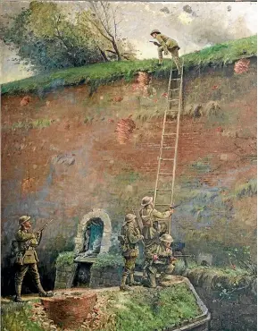  ??  ?? A 1920 painting depicting the scaling of the walls of Le Quesnoy, with Leslie Averill at the top of the ladder. The artist was George Edmund Butler, an official artist of the New Zealand Expedition­ary Force.