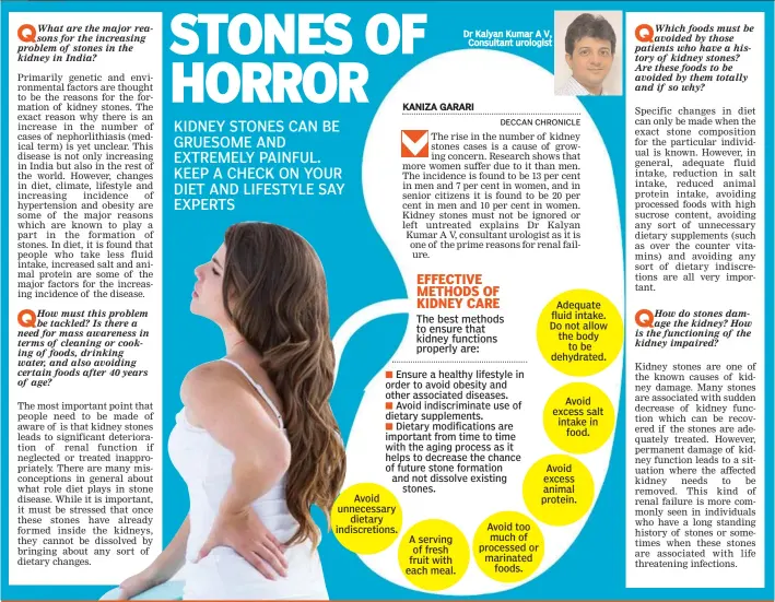  ?? KANIZA GARARI ?? Dr Kalyan Kumar A V, Consultant urologist Adequate fluid intake. Do not allow the body to be dehydrated. Avoid excess salt intake in food. Avoid excess animal protein. Avoid too much of processed or marinated foods. A serving of fresh fruit with each meal. Avoid unnecessar­y dietary indiscreti­ons.