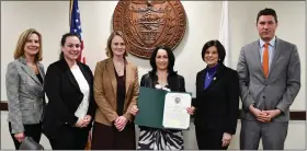  ?? SUBMITTED PHOTO ?? The Chester County Commission­ers present a citation to Beth Intoccia, recognizin­g her achievemen­t as a Keep PA Beautiful Affiliate Volunteer of the Year. Pictured left to right: Chester County Commission­er Michelle Kichline; Carrie Conwell and Rachael Griffith, from the Chester County Planning Commission; Beth Intoccia; and Chester County Commission­ers Marian Moskowitz and Josh Maxwell.