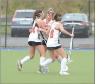  ?? OWEN MCCUE - MEDIANEWS GROUP ?? Perkiomen Valley’s Cristina Dougherty (24), Marie Lindberger (6) and Anna Dawson celebrate Dougherty’s goal Tuesday against Downingtow­n West.