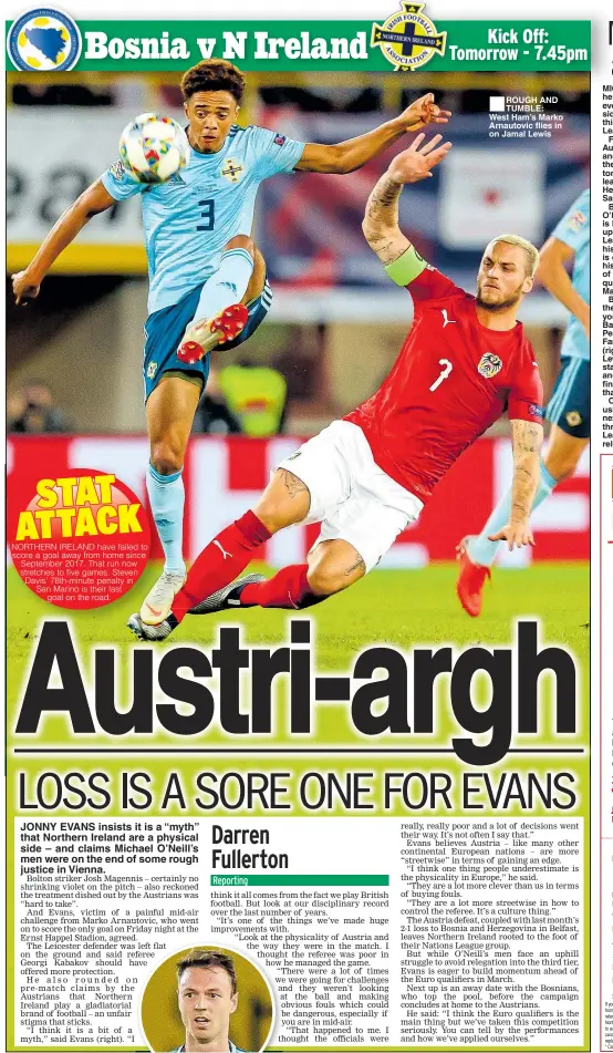  ??  ?? ■ROUGH AND TUMBLE: West Ham’s Marko Arnautovic flies in on Jamal Lewis Rechargeab­le Torch