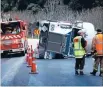  ??  ?? Blocked again: Truck accidents are commonplac­e in the Awakino Gorge, but the Government is promising major roadworks.