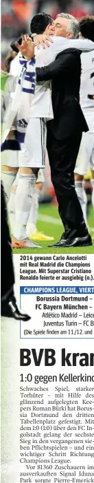  ??  ?? 2014 gewann Carlo Ancelotti mit Real Madrid die Champions League. Mit Superstar Cristiano Ronaldo feierte er ausgiebig (o.).